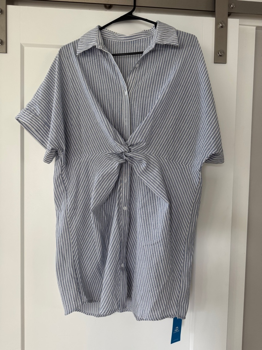 Striped Tie-Front Button swim coverup. Blue and White CUPSHE